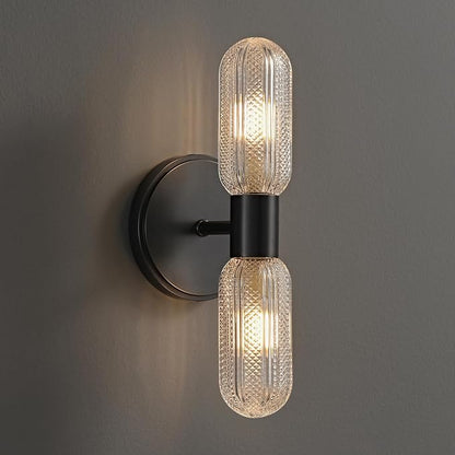 Matte Black Wall Sconces,12.3in 2-Light Knurled Glass Sconces Wall Lighting | Bathroom Brass Material Sconce, Wall Lights for Living Room Vanity Hallway Mirror,Entrance,Corridor，Hardwired, bulb included