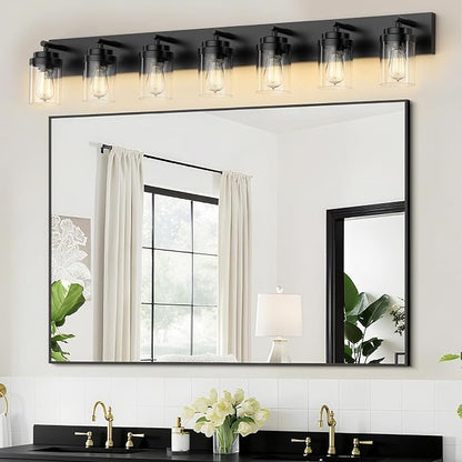 IZORRO Bathroom Vanity Light Fixture, 7-Light 52 inch Matte Black Bathroom Light Fixtures Over Mirror, with Clear Glass Shade, Modern Farmhouse Vanity Lights, Rustic Restroom Lighting Fixtures