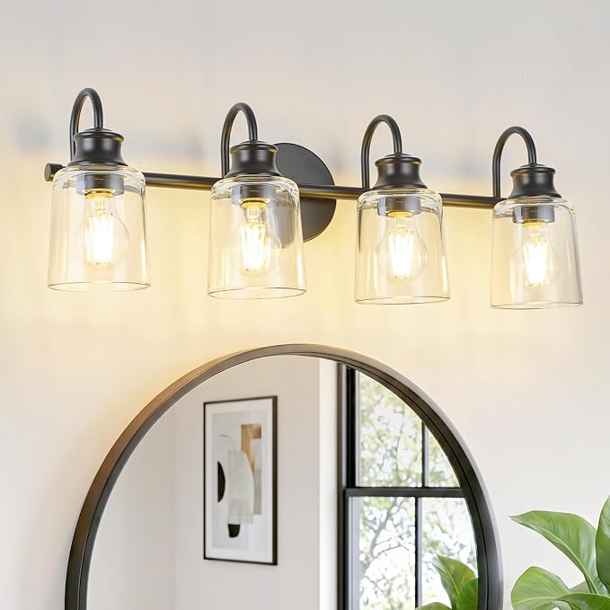 4 Lights Bathroom Light Fixtures Modern Black Vanity Lights | ETL Certificate, Easy to Install,Wall Mount Up or Down,Thickened Glass Lampshade,E26 Socket,Hardwired