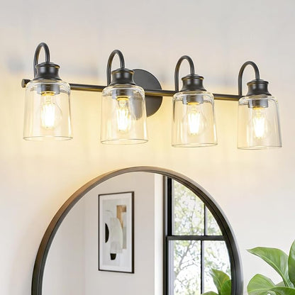 4 Lights Bathroom Light Fixtures Modern Black Vanity Lights | ETL Certificate, Easy to Install,Wall Mount Up or Down,Thickened Glass Lampshade,E26 Socket,Hardwired