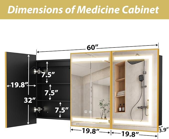 APRILSOUL 60x32 Inch Lighted Bathroom Medicine Cabinet with Mirror, Gold Recessed or Surface Mount Medicine Cabinet Mirror with Storage and LED Lights, 3 Colors Temperature, Dimmable Light