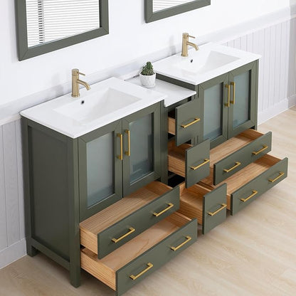 Vanity Art 72 Inch Under Mount Double Sink Bathroom Vanity Cabinet with 2 Mirrors, Ceramic Top Bathroom Cabinet Compact Set with 7 Dovetail Storage Drawers and Golden Brushed Handles, VA3030-72-VG
