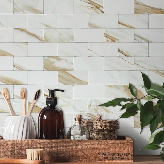 AULIGET 4-Piece Calacatta Gold Marble Look Peel and Stick Backsplash Wall Tiles, 3" x 6" Faxu Stone PVC Stick on Tile for Backsplash Kitchen, Bathroom, Laundry Room, Camper, Fireplace