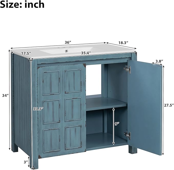 36" Bathroom Vanity Organizer with Ceramic Sink, Set Bathroom Storage Cabinet, Retro Blue
