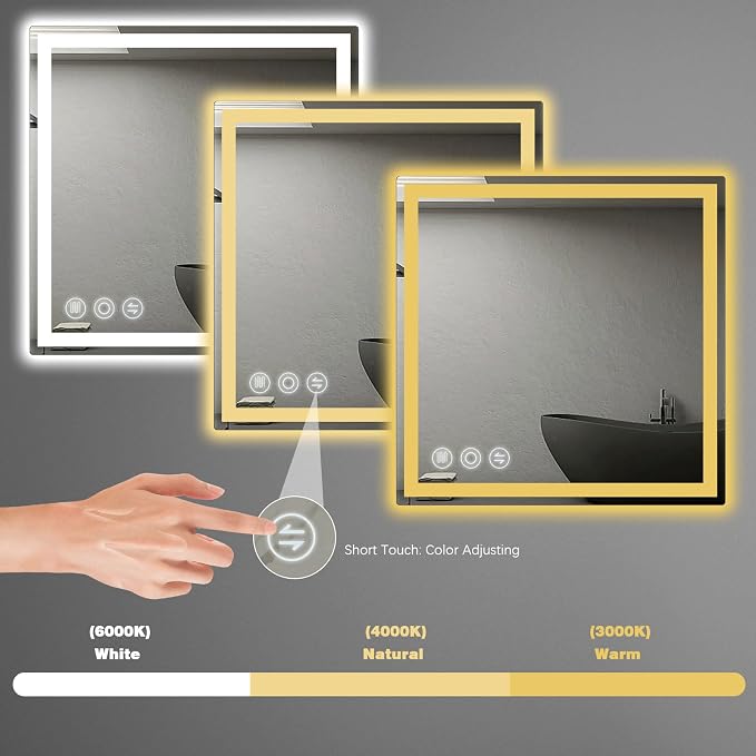 24" x 24" LED Bathroom Mirror with Lights, Memory Vanity Mirror | Anti-Fog, 3 Color Modes, Dimmable, Front Lit, Memory Function, Tempered Glass, Lighted Bathroom Mirror for Wall