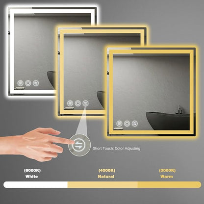 24" x 24" LED Bathroom Mirror with Lights, Memory Vanity Mirror | Anti-Fog, 3 Color Modes, Dimmable, Front Lit, Memory Function, Tempered Glass, Lighted Bathroom Mirror for Wall