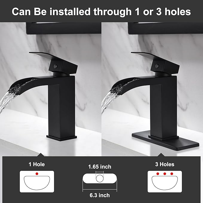 Waterfall Bathroom Faucet Black - Single Handle Bathroom Sink Faucets 1 or 3 Hole for 4IN Modern Solid Vanity Faucet with Deck Plate & Overflow Pop Up Drain Matte Black