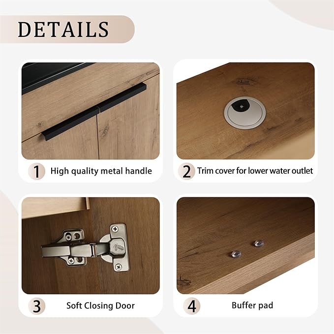 SSLine 24-Inch Bathroom Vanity with Sink Mid-Century Bathroom Vanities with Black Top Basin Floor Wood Bathroom Sink Cabinet with Soft-Close Doors & Adjustable Storage Shelves (Natural Brown)