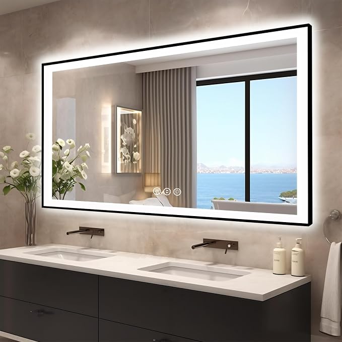 EchosLife 60x28 LED Bathroom Mirror for Wall - Black Aluminum Framed | Black Frame, Front and Backlit, Anti-Fog, Stepless Dimmable, 3 Colors, Memory, Tempered Glass, UL Listed, Horizontal/Vertical
