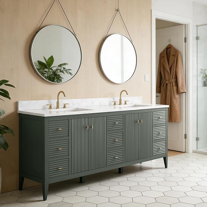 HOMEBEYOND 84" Bathroom Vanity with Double Sink & Engineered Marble Top, Solid Wood Frame, Linear Pattern & Soft Close Door | Golden Brushed Handware,Vintage Green