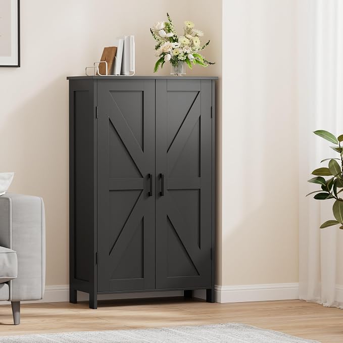 Homleke 43.3" H Farmhouse Bathroom Storage Cabinet with Adjustable Shelves | Freestanding Storage Cabinet with Barn Doors for Bathroom, Kitchen, Living Room, Dining Room & Entryway, Black