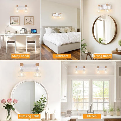 FadimiKoo 2-Light White Bathroom Light Fixtures, Wood Bathroom Vanity Lighting Fixtures Over Mirror, Rustic Sconces Wall Lighting with Elegant Metal Lampshade for Living Room, Bedroom, Hallway