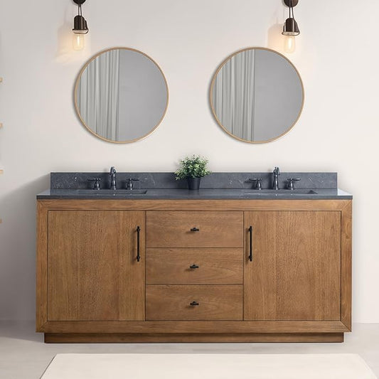 Vanity Art 72 inch Double Sink Bathroom Vanity, Vanity Cabinet with Doors and Shelf, Modern Wood Bathroom Vanity with Black Marble Top, Solid Wood Frame, 3 Functioning Drawers, VA70-72-DT-B
