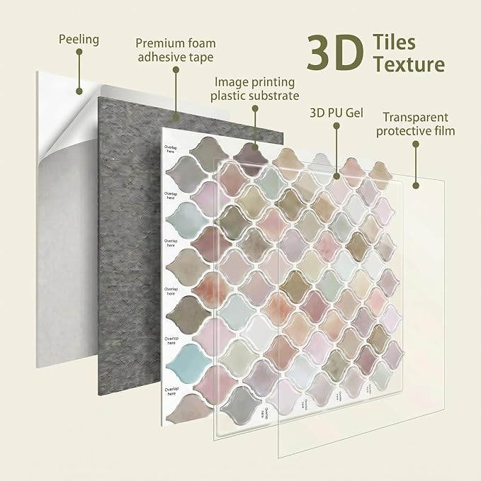Arttown Peel and Stick 3D Wall Backsplash, 10-Sheet, 12" × 12" Moroccan | Subway Tiles Self Adhesive Thicker Design Wall Tile Panel Wallpaper for Kitchen Balcony Bathroom Rental Housing