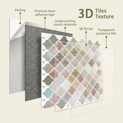 Arttown Peel and Stick 3D Wall Backsplash, 10-Sheet, 12" × 12" Moroccan | Subway Tiles Self Adhesive Thicker Design Wall Tile Panel Wallpaper for Kitchen Balcony Bathroom Rental Housing