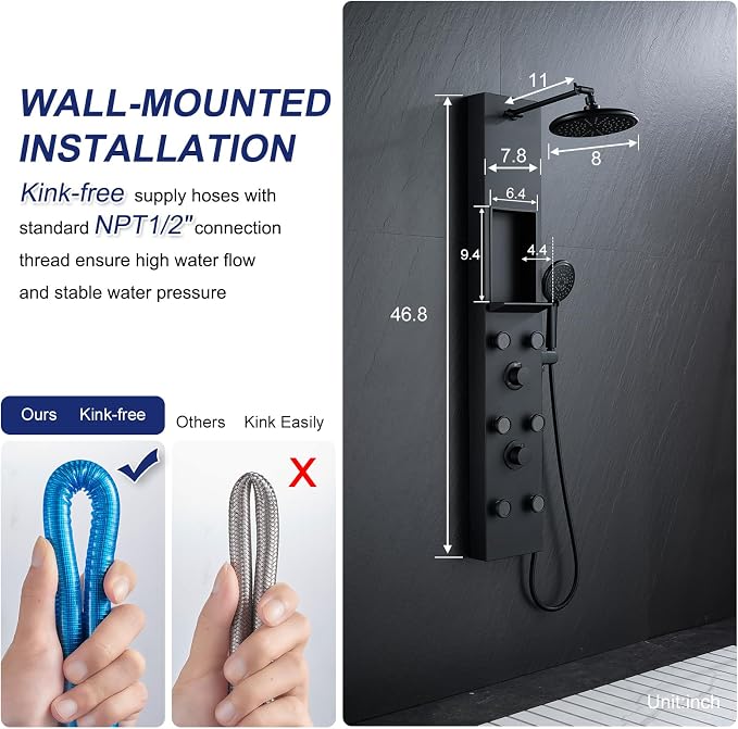 ROVATE Shower Panel Tower System with Shelf & 6 Body Jets, Matte Black | Stainless Steel Shower Column with Height Adjustable Shower Arm, Self-Cleaning Rainfall Shower & Handheld, Mixing Valve Body