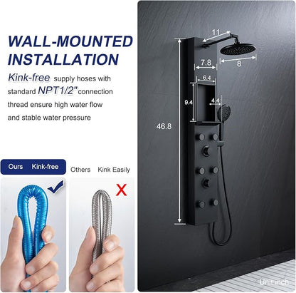 ROVATE Shower Panel Tower System with Shelf & 6 Body Jets, Matte Black | Stainless Steel Shower Column with Height Adjustable Shower Arm, Self-Cleaning Rainfall Shower & Handheld, Mixing Valve Body