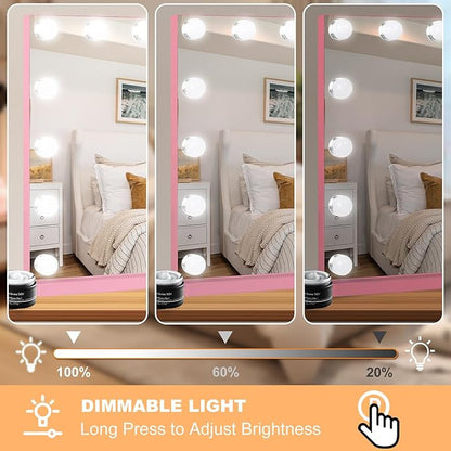 Moonee Pink Vanity Mirror with Lights, Hollywood Lighted Makeup Mirror with 15 Dimmable Bulbs and 10X Magnification, 3 Colors Modes, Aluminum Metal Frame, Light Up Mirror for Tabletop/Wall（23" x 18"）
