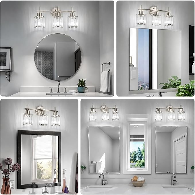 Brushed Nickel 3-Light Crystal Bathroom Vanity Light Fixtures, Round | Vanity Lights for Bathroom, Modern Bathroom Lighting Fixtures over Mirror (Bulbs Not Included, E26)