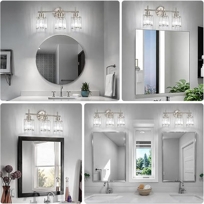 Brushed Nickel 3-Light Crystal Bathroom Vanity Light Fixtures, Round | Vanity Lights for Bathroom, Modern Bathroom Lighting Fixtures over Mirror (Bulbs Not Included, E26)