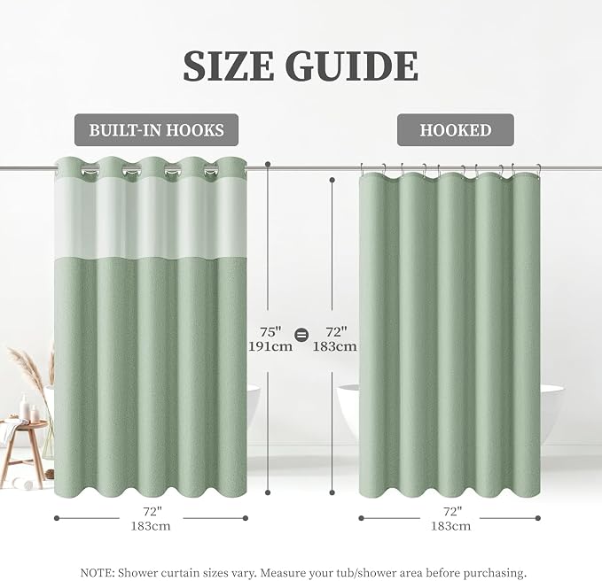 Sage Green Ringless Linen Look Shower Curtain with Snap in Liner 72x75 | 3 in 1 Hotel Shower Curtain Set, Removable Liner, Waterproof & Washable, Mesh Top Window, Durable Fabric, Easy to Install