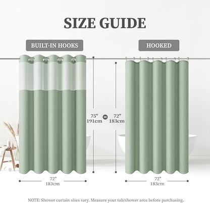 Sage Green Ringless Linen Look Shower Curtain with Snap in Liner 72x75 | 3 in 1 Hotel Shower Curtain Set, Removable Liner, Waterproof & Washable, Mesh Top Window, Durable Fabric, Easy to Install