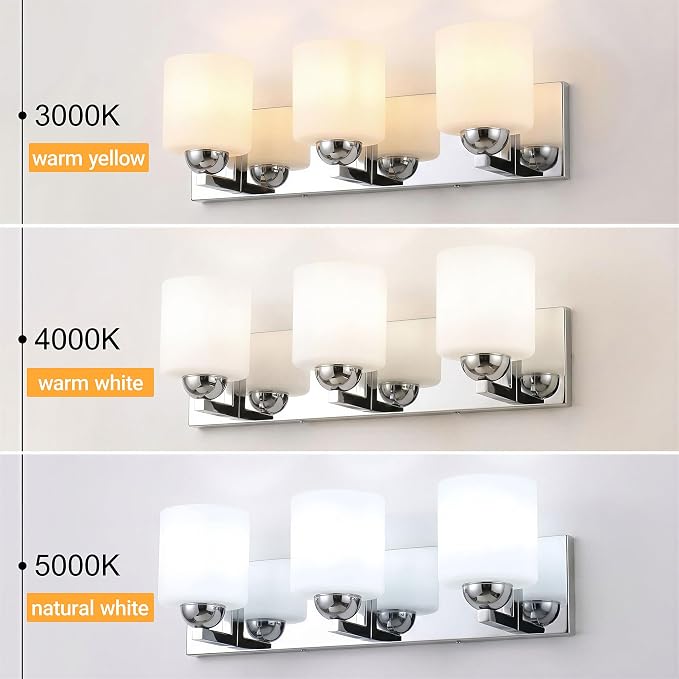 mirrea 3-Light Chromed Bathroom Vanity Light with White Glass Shades | Over Mirror,Wall Sconce,ETL listed,Bathroom Lighting Fixtures,Elegant Design,Milk White Glass Shade,Easy Installation
