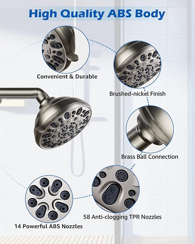 High Pressure Shower Head VMASSTONE 4.7" Rain Fixed Showerhead 7-Spray Setting with Adjustable Brass Swivel Ball Joint - Excellent Replacement for Your Bath Shower Head (FM-001 Brushed Nickel)