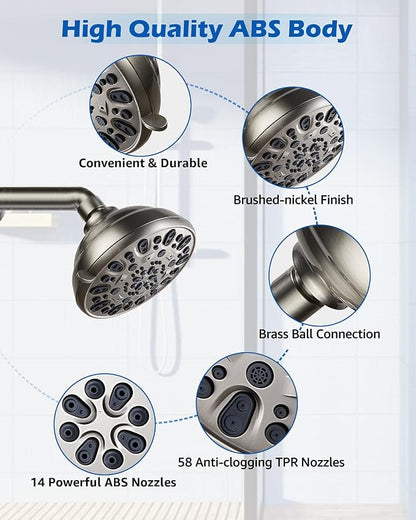 High Pressure Shower Head VMASSTONE 4.7" Rain Fixed Showerhead 7-Spray Setting with Adjustable Brass Swivel Ball Joint - Excellent Replacement for Your Bath Shower Head (FM-001 Brushed Nickel)