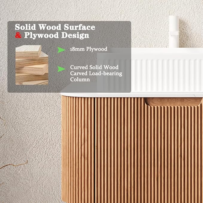 60'' Bathroom Vanities Cabinet with Sink, Wall Mounted Floating Cabinet W/Curved Edges Stripes, Oak Plywood, Soft-Close System with 2 Drawer & White Rectangular Ceramic Basin - Kiel, Natural Wood/W