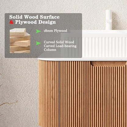 36'' Bathroom Vanities Cabinet with Sink, Wall Mounted Floating Cabinet W/Curved Edges Stripes, Oak Plywood, Soft-close System with a Drawer, White Rectangular Ceramic Basin - Kiel, Natural Wood/W