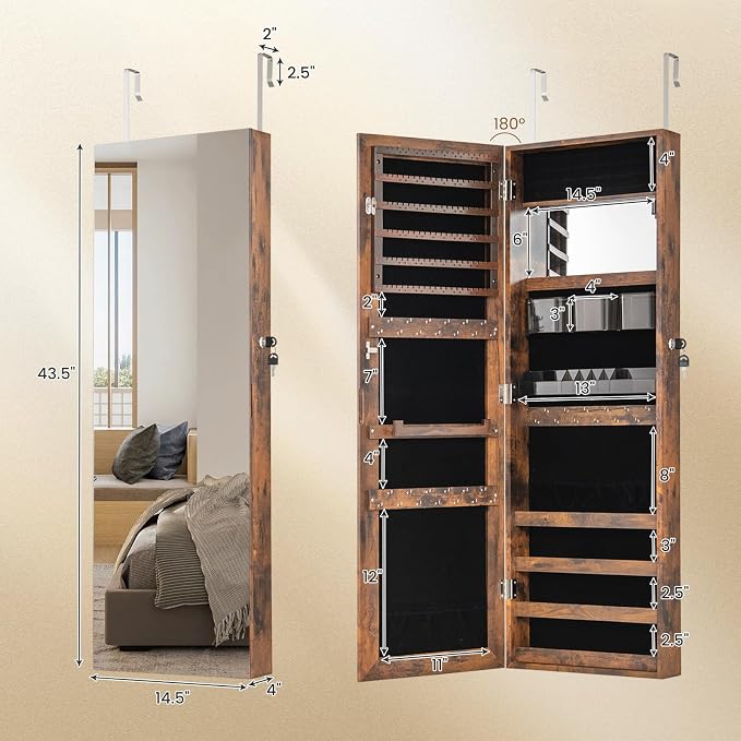 CHARMAID Jewelry Cabinet Wall or Door Mounted, Hanging Lockable Jewelry Armoire Storage with Full Length Mirror, Interior Makeup Mirror, Over the Door Jewelry Organizer Box with Mirror (Rustic Brown)