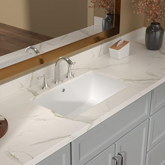 Lordear Undermount Rectangle White Porcelain Ceramic Bathroom Vanity Sink 20x15 Inch with Overflow