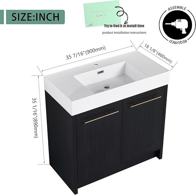 36 Inch Freestanding Bathroom Vanity,36" Bathroom Vanity with Sink,Modern Single Sink Bathroom Vanity Combo,Black Floor Stand Cabinet Set