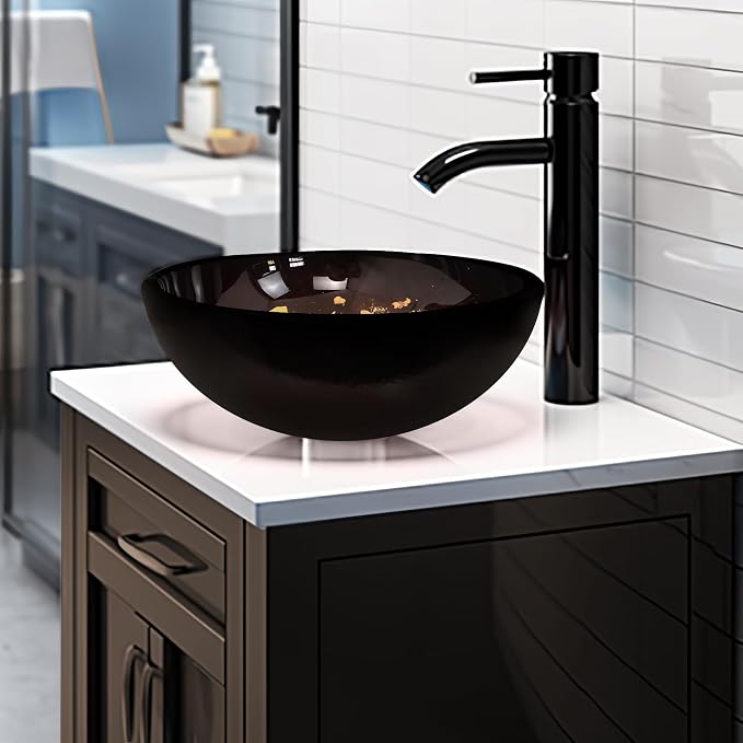 Vessel Sink 12" Bathroom Sinks Tempered Glass Brown Art Basin Round Bowl with Faucet Combo, Brown