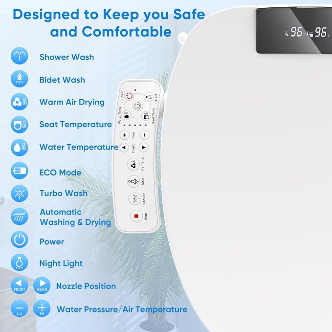 Elongated Bidet Toilet Seat, Smart Heated Toilet Seat with Warm Water and Dryer