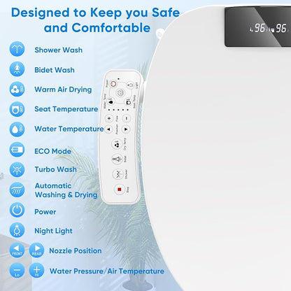 Elongated Bidet Toilet Seat, Smart Heated Toilet Seat with Warm Water and Dryer