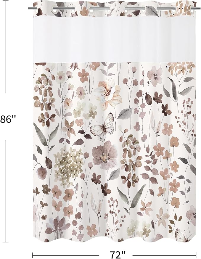 Litabel No Hook Brown Watercolor Floral Shower Curtain and Liner Set, 72x86 | Spring Flower Shower Curtains with Snap-in Liner for Farmhouse Bathroom Decor, Botanical Bathroom Curtain with Leaves