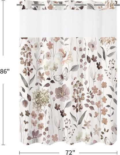 Litabel No Hook Brown Watercolor Floral Shower Curtain and Liner Set, 72x86 | Spring Flower Shower Curtains with Snap-in Liner for Farmhouse Bathroom Decor, Botanical Bathroom Curtain with Leaves