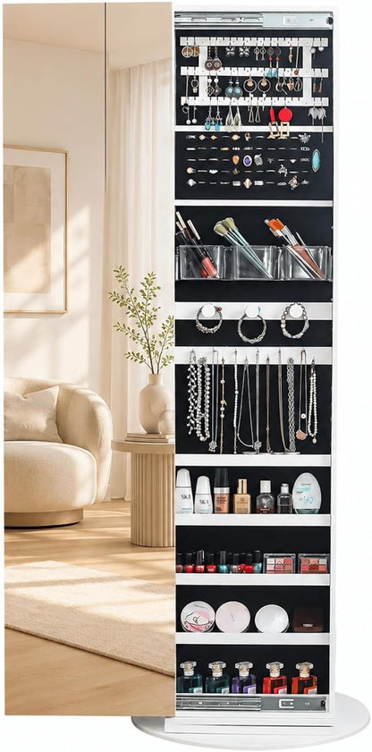 Bonnlo 360° Swivel Jewelry Cabinet with Sliding Door, Standing Jewelry Organizer Box with Full-Length Mirror, Rotating Jewelry Armoire with Large Storage Capacity, Rear Shelves for Bedroom