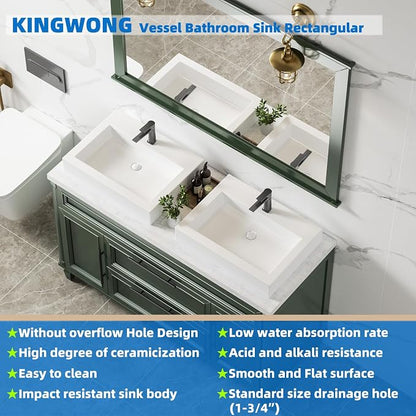 KINGWONG 24" x 18.3" Rectangular Ceramic Vessel Sink, White Bathroom Sink Above Counter, No Overflow Single Hole Basin for Vanity Top, High Temp Fired Porcelain, Stain Resistant Glossy Easy to Clean