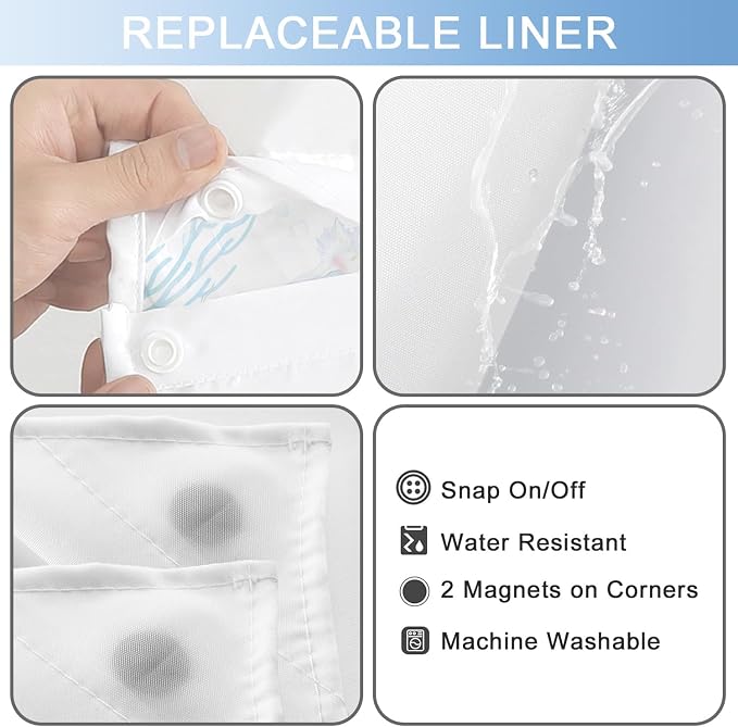 No Hook Shower Curtain and Liner Set, Watercolor Blue Beach Coastal 71x84 | Nautical Ocean for Bathroom, with Snap in Liner Replacement, Mesh Top Window, Waterproof, Machine Washable, Quick-Drying