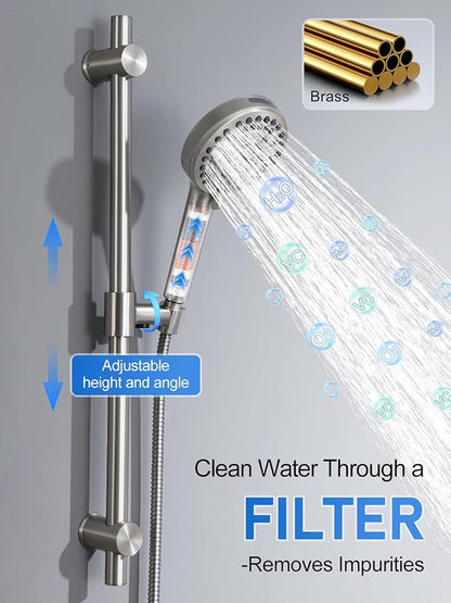 Woindo Shower Faucet Set with Slide Bar, 12" Rain Shower Head/8'' Side Shower Head and 10 Setting Handheld Ceiling Mount 3 Push Button Diverter Complete Rainfall Shower System Included Valve Trim Kit