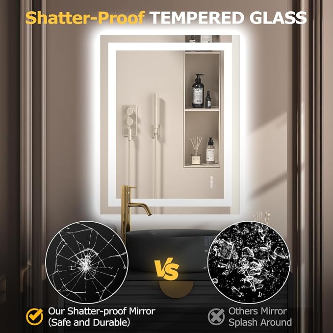 Hivone 28"X36" LED Bathroom Mirror with Lights, Anti-Fog, Dimmable, Backlit + Front Lit, Smart Bathroom Vanity Mirror, Memory Function, Shatterproof, Tempered Glass (Horizontal/Vertical)