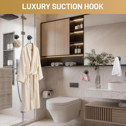 Large Suction Cup Hooks, Heavy Duty 15lb Holds Towel & Robe, No-Drill Shower Bathroom Hooks for Tile Wall Glass Mirror, Mounts on Smooth Non-Porous Surfaces (2 Pack, Matte Black)