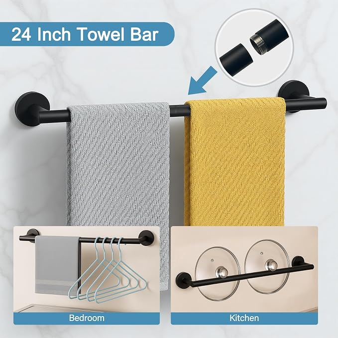 Matte Black 24in Stainless Steel Bathroom Hardware Set | Towel Bar Set , Bathroom Accessories Set Wall Mounted, Towel Racks for Bathroom, Towel Ring, Towel Hooks, Toilet Paper Holder