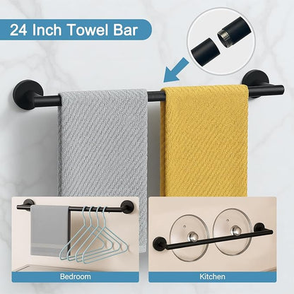 Matte Black 24in Stainless Steel Bathroom Hardware Set | Towel Bar Set , Bathroom Accessories Set Wall Mounted, Towel Racks for Bathroom, Towel Ring, Towel Hooks, Toilet Paper Holder