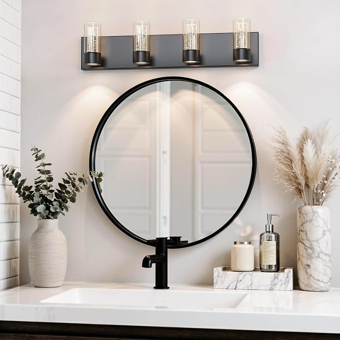 Alice Modern 4-Light Vanity Light Fixture, Integrated Led and Premium Bubble Glass, for Bathroom, Hallway, Entryway, Kitchen, Mirror, Laundry Room (Black)