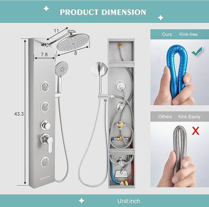 Shower Panel Tower System with Adjustable Shower Head, Self-Cleaning Shower Tower with 2-Setting Powerful Body Jets and 5-Function Handheld Shower, Shower Column Brushed Stainless Steel