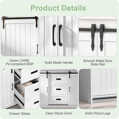 48" White Farmhouse Bathroom Vanity Double Sink, Freestanding Storage Vanity with 2 Barn Sliding Doors, 2 Drawers & 4 Shelves (Actual 47.3" L x 19.7" W x 35.5" H)